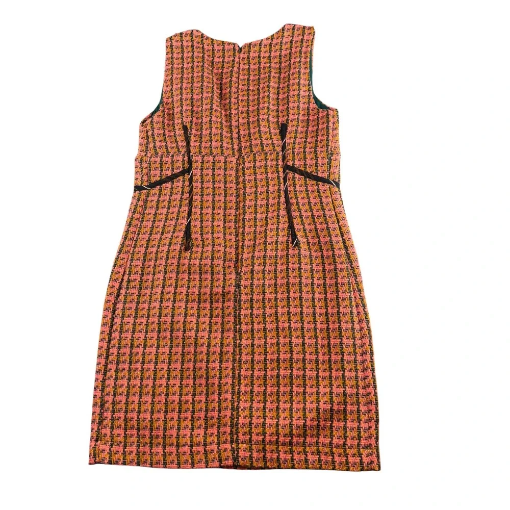 Maeve Anthropologie Pink Orange Houndstooth Tweed Shift Dress Square Neck Size 0